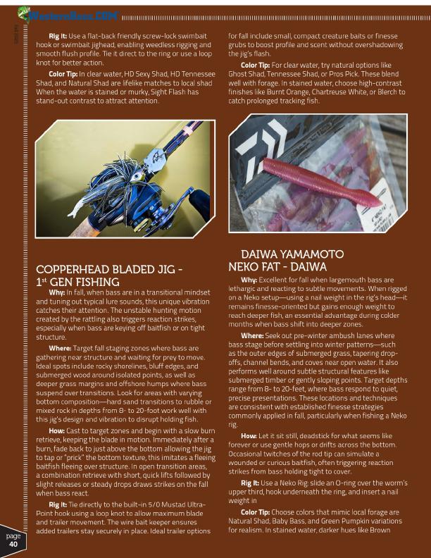 Fishermans Warehouse highlights the best fall baitsDixie Flip for crawfish, OG Rocco for shallow cranking, Champ Swimmer for shad, Copperhead Bladed Jig, and Daiwa Yamamoto Neko Fat