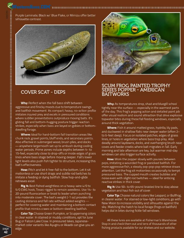 Fishermans Warehouse highlights the best fall baitsDixie Flip for crawfish, OG Rocco for shallow cranking, Champ Swimmer for shad, Copperhead Bladed Jig, and Daiwa Yamamoto Neko Fat