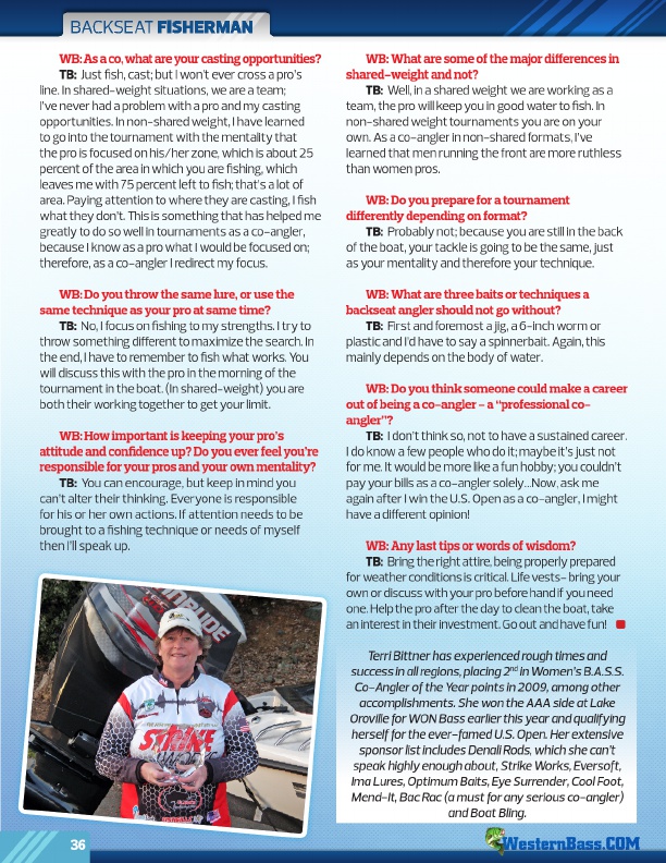Westernbass Magazine - Bass Fishing Tips And Techniques - Spring 2013, Page 36