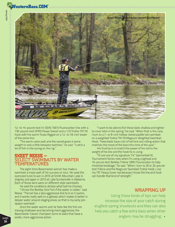 Skeet Reese selects swimbaits by the water temperature for spring bass fishing