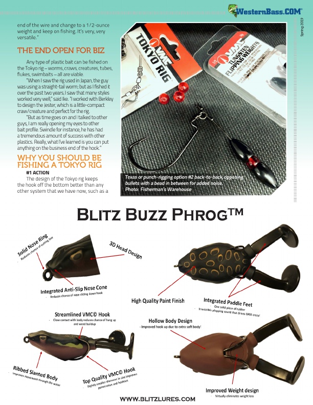 Armed with two extremely sharp VMC hooks, the Blitz Lures Buzz Phrog delivers a hybrid construction that can do it all