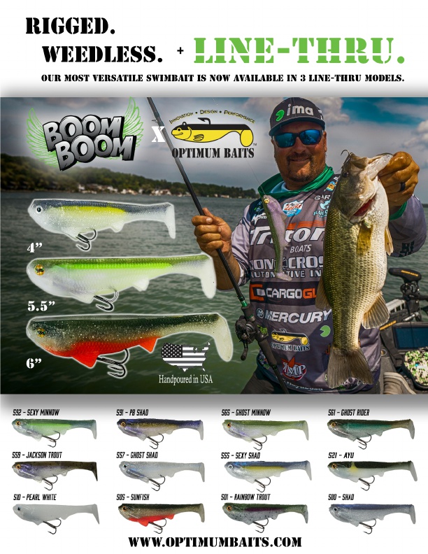 Optimum Boom Boom Line-Thru Swimbait combines design elements from several Optimum swimbaits to create a quivering head movement, tight body roll, and thumping tail kick, which contributes to its one-of-a-kind panicked action