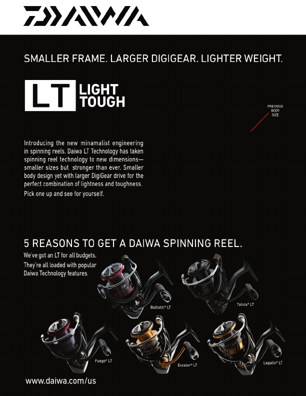 Daiwa New LT Touch spinning reel smaller body design with larger DigiGear drive for the perfect combinaton of lightness and toughness
