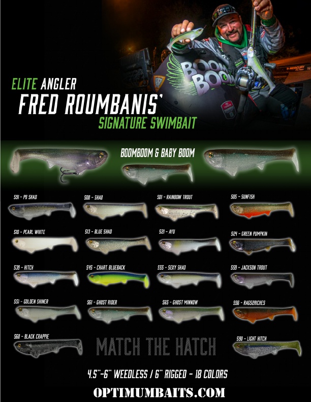 The Fred Roumbanis Weedless Boom Boom Swimbait features a quivering head action head, tight body roll and thumping tail kick