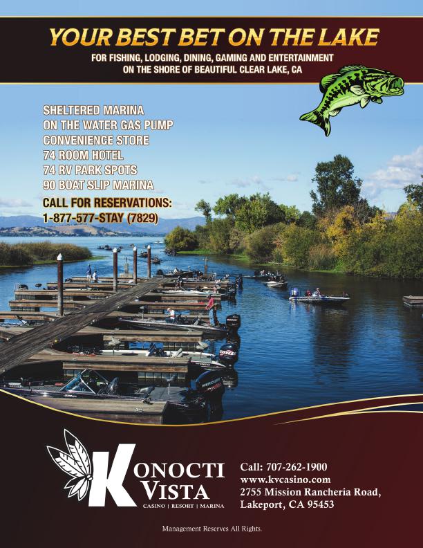 big bass fishery, tournament resort, marina, launch ramp, Casino Gamling, Clear Lake Lodging for fisherman Konocti Vista and Casino